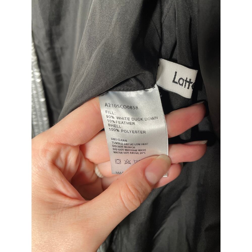 Lattelier Puffer Jacket Womens Medium Silver Shiny Down Filled Zip Winter Hood - Picture 11 of 11